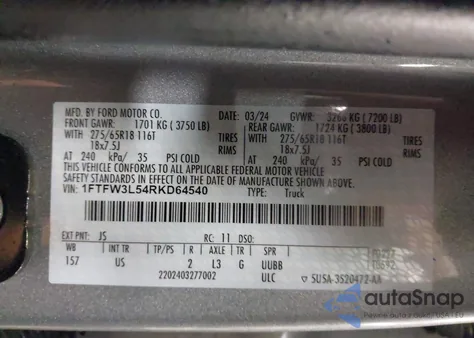 2024 Ford F150 Xlt from USA, damaged, VIN 1FTFW3L54RKD64540